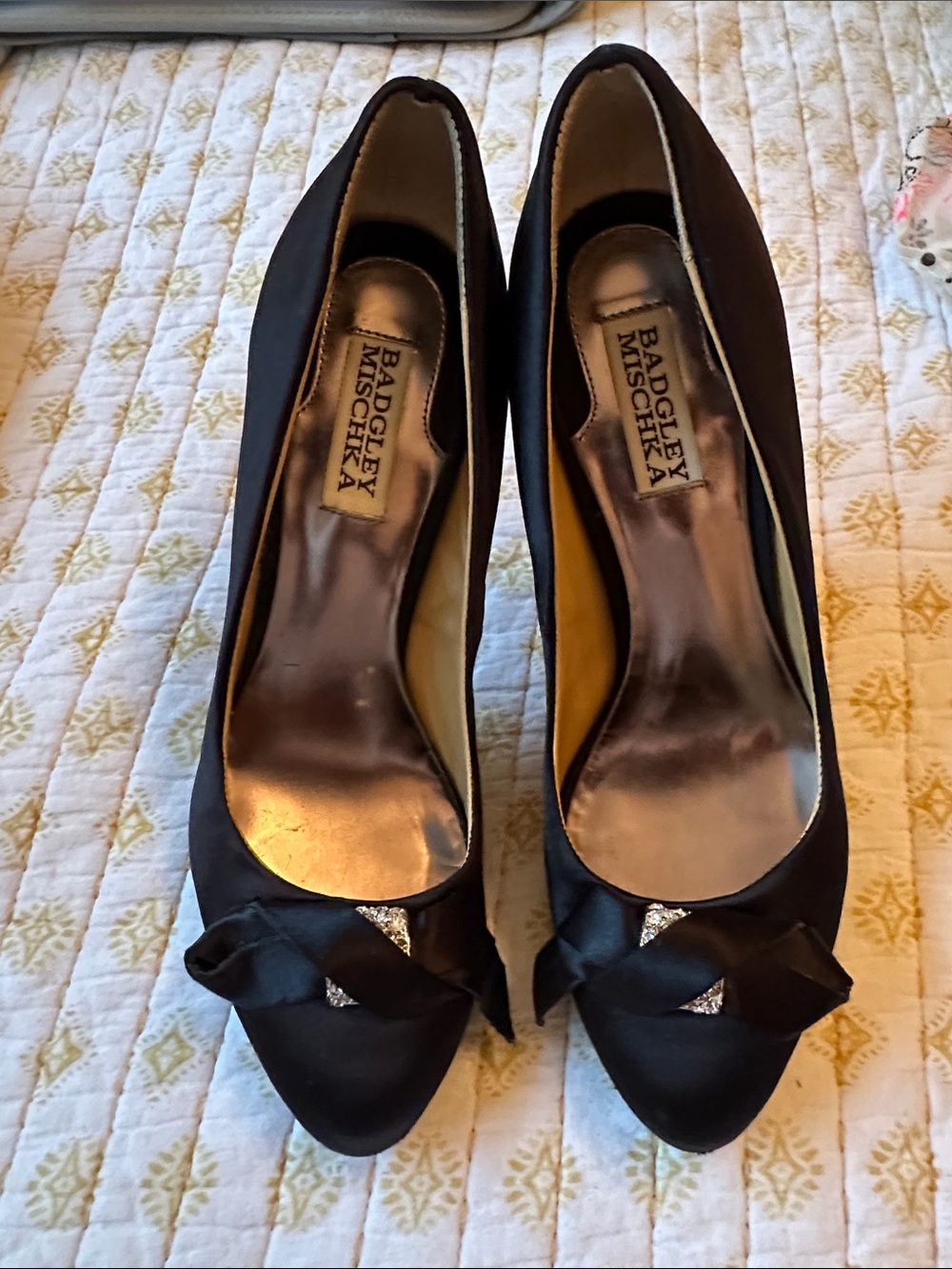Badgley Mischka Black Satin Bow Peep-Toe Pumps with Crystal Accent